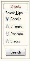 The top portion of the screen displays the beginning balance, total checks and charges, total deposits and credits, service charge, and ending balance for both the bank