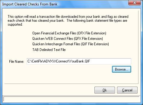 Browse out to the downloaded file and click >Ok. The program will automatically mark all checks that have cleared your bank.