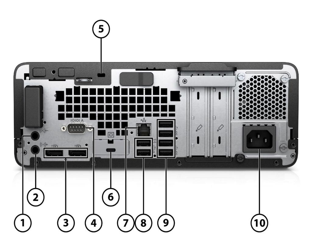 Overview HP ProDesk 600 G4 Small Form Factor Business PC 1. Audio-in connector 6. (1) Configurable I/O Port (Choice of DisplayPort 1.2, HDMI 2.0, VGA, USB Type-C with Display Output) 2.