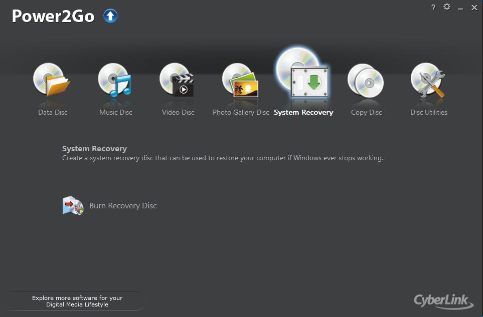 To burn a system recovery disc, click the System Recovery option and then select Burn System