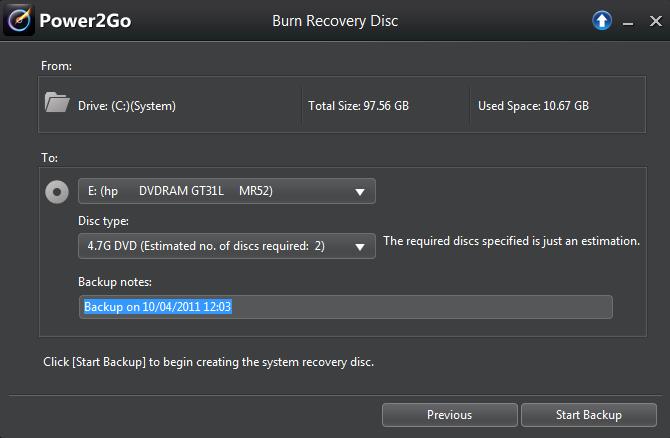You can then select the burning drive, disc type and enter notes about the backup you are