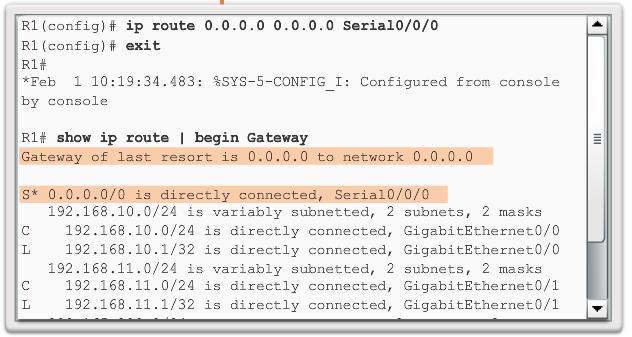 Default Static Routes Also known as the Gateway of Last Resort A default static route is used when the routing table does not contain a