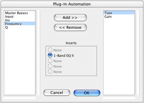 3 Choose the controls to automate and click Add. If there are multiple plug-ins on the same track, you can select from among these by clicking their buttons in the Inserts section of this dialog.