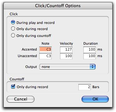4 Choose MIDI > Click Options and set the Click and Countoff options as desired.