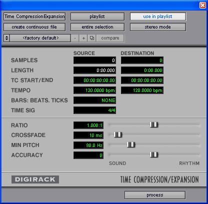 Time Compression/ Expansion The Time Compression/Expansion plug-in adjusts the duration of selected regions, increasing or decreasing their length without changing pitch.