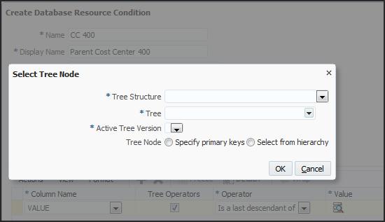 Chapter 11 Implementing Security in Oracle Fusion Financials The following figure shows the Select Tree Node window. Values are required for the Tree Structure, Tree, and Active Tree Version fields.