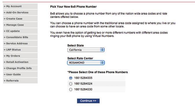 Next pick a new 8x8 phone number by selecting the State,