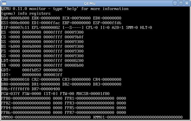 a) By starting QEMU with the -monitor stdio option: qemu-system-i386 file.bin -monitor stdio In this case, the program will present a (qemu) prompt on the terminal.
