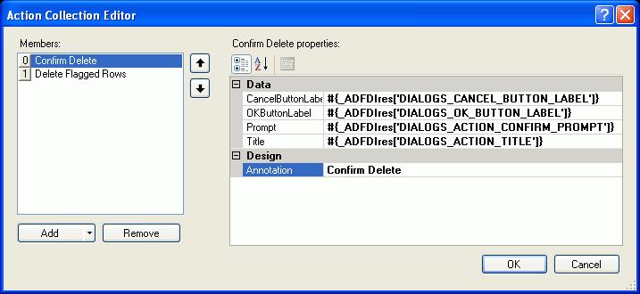 Using Action Sets Specify an EL expression or string that evaluates to a title of the confirmation dialog to display at runtime. The default EL expression is: #{_ADFDIres['DIALOGS_ACTION_TITLE']} 4.