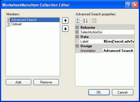 Displaying Web Pages from a Fusion Web Application Figure 8 16 Worksheet Properties Collection Editor 4. Click Add to add a new ribbon button in the Members list of the collection editor. 5.