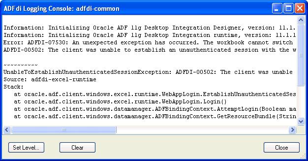 Generating Log Files for an Integrated Excel Workbook Figure C 1 Logging Tools in Oracle ADF Tab The Logging group provides the following buttons: Console Displays the ADFdi Logging Console window,