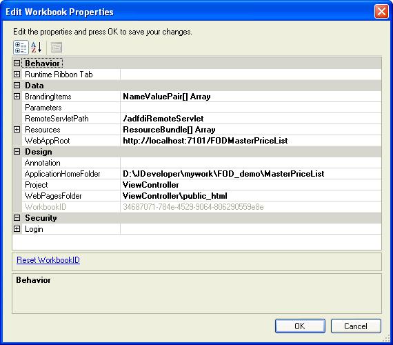 Adding Integrated Excel Workbook to a Fusion Web Application Figure 4 5 shows an implementation of workbook properties in the Edit Workbook Properties dialog of Master Price List module s