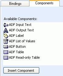 Using the Components Palette properties of the Oracle ADF component with appropriate values.