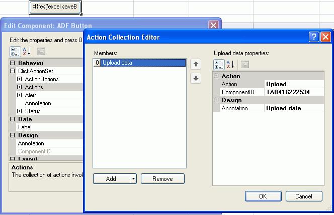 Configuring an Oracle ADF Component to Upload Changes from an ADF Table Component Figure 7 4 Action Set Uploading Data from an ADF Table Component 4. Click OK.