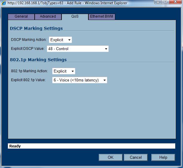 Click Ok. This configuration forces the SonicWALL to explicitly tag VOIP packets with 802.1p and DSCP values. You will need to configure your internal switch environment accordingly.