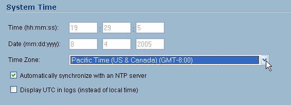 Setting Time Zone 1. Select the System > Time page. 2. Select the appropriate time zone from the drop-down menu. 3. Click the Apply button.