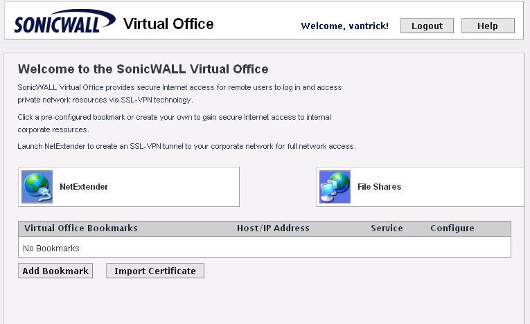 3. Select LocalDomain from the drop-down menu and click the Login button. 4. The SonicWALL Virtual Office screen appears in your Web browser. 5. Select NetExtender from the left navigation bar.