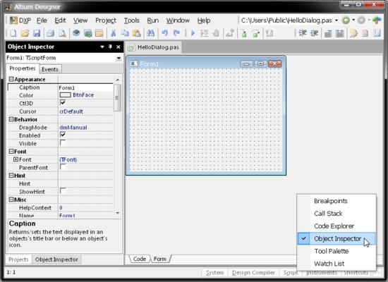 The Form window's configuration and properties are exposed in the Object Inspector panel, opened via the Script button.