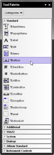 The Tool Palette sections can be expanded and collapsed using the section heading tabs. For the dialog version of the Hello World project there are two buttons on the form: Display and Close.