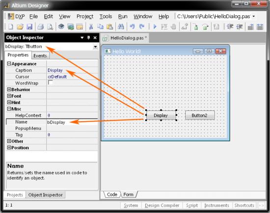 Select a component and edit its properties in the Object Inspector panel. Using the Object Inspector panel, the two button configurations can be changed from their default names and captions.