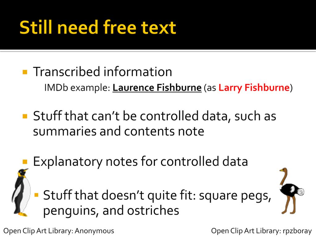 This doesn t mean everything can be crammed into pull-down lists or that there is no place for free text. We still need transcribed data in some fields.