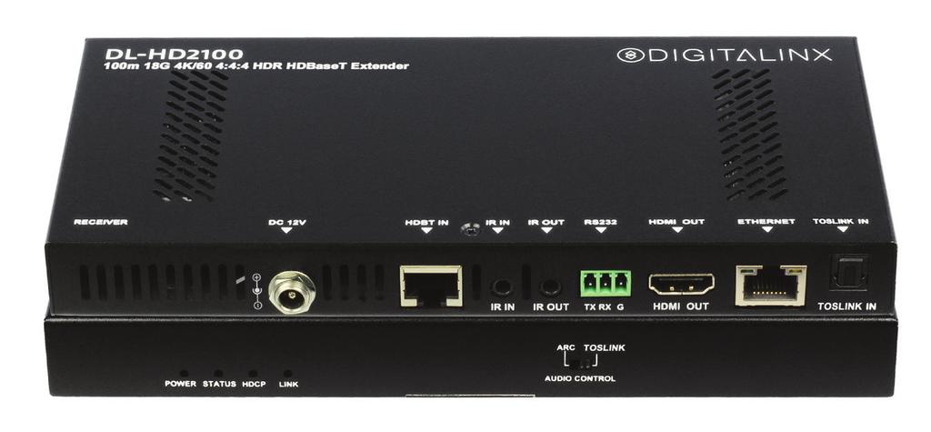 Receiver 1. FRONT PANEL DIAGNOSTIC LEDs; POWER -Solid, the DL-HD2100 extender is receiving power from the power supply or from the remote extender via Category 6 cabling.