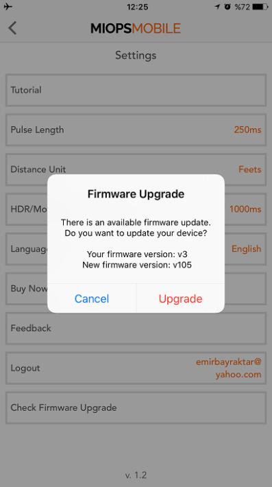 If you want to upgrade the firmware, touch the Upgrade button. At this point, the MIOPS Splash must be in Firmware Upgrade mode.