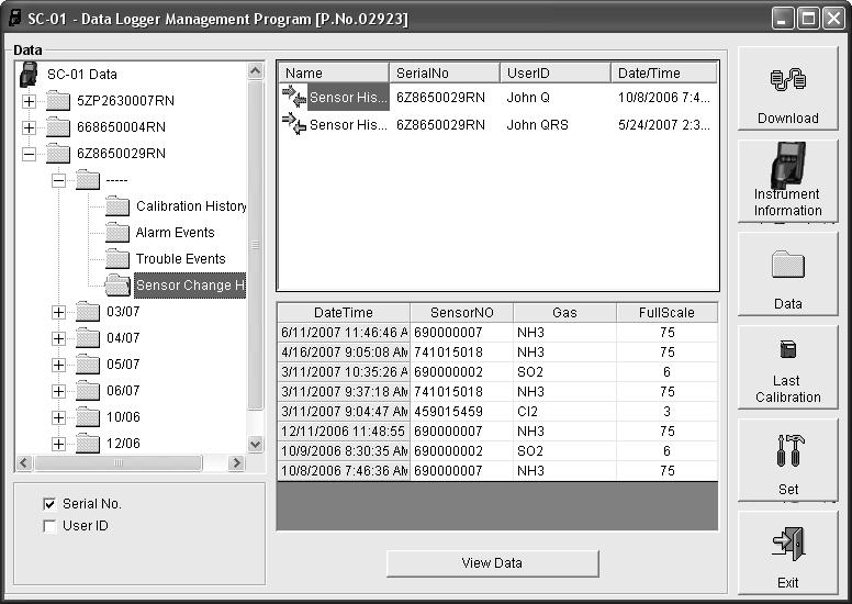 To view the sensor change history files for any instrument in the database: 1. With the program already launched, click the Data control button along the right side of the program window.