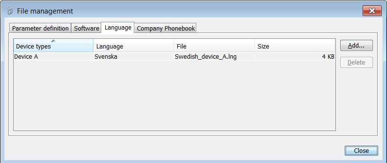 13.4 Language Files 13. File Management Add files For adding a new language to a device, a language file (.lng) distributed by your supplier must be imported to the and then uploaded to the device.