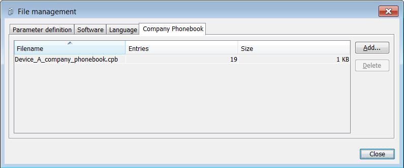 13. File Management 3 Click Add. 4 Select the company phonebook files to be imported. 5 Click Open and then click Close.
