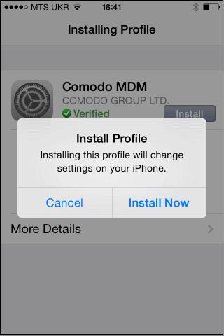 Tap 'Install Now'. The CDM Profile installation progress will be displayed.