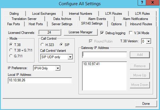 6.3. Administer Server Setting From the FAXCOM Server Administrator window, select Configure Server Setting. Select SR140 Settings; select T.38 for Mode.