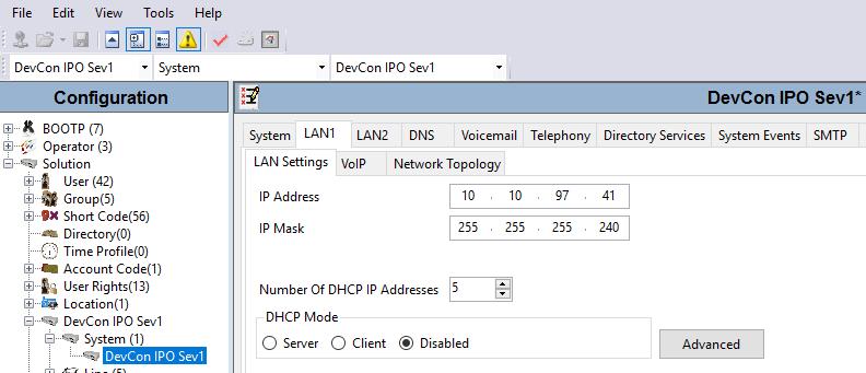 5.2. Obtain LAN IP Address From the configuration tree in the left pane, under Solution select Primary Server System for example, DevCon IPO Sev1 System tab to display the DevCon IPO Sev1 screen in