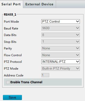 3. Click Save. Serial Port Mode Configuration The RS485 serial port is used for data exchange with the third-party device.