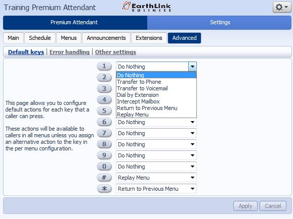 Advanced - Default Keys The Advanced tab allows you to configure the following