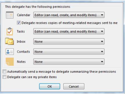 6. In the Delegate Permissions dialog box, accept the default