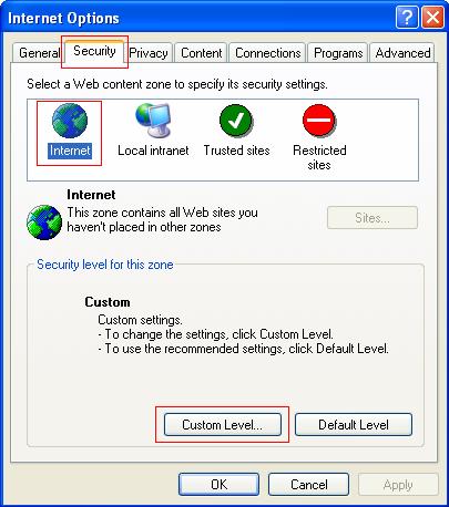 Figure 1 Internet Explorer settings (1) 3. Click Custom Level. 4.