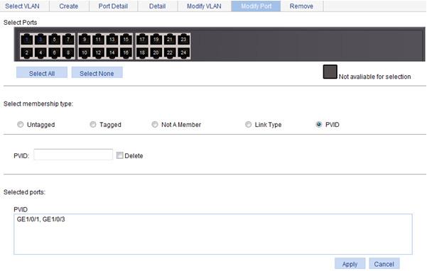Figure 101 Modifying the PVID for a port Selecting VLANs 1. From the navigation tree, select Network > VLAN. The Select VLAN tab is displayed by default for you to select VLANs.