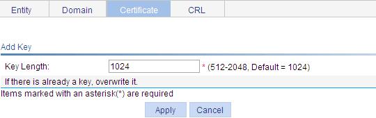 Figure 158 Key pair parameter configuration page Destroying the RSA key pair 1. From the navigation tree, select Authentication > Certificate Management. 2. Click the Certificate tab. 3.