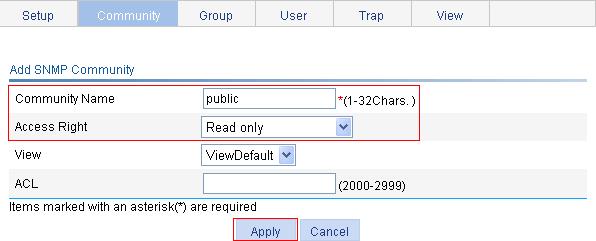 Figure 81 Configuring the SNMP agent 2. Configure a read-only community: a. Click the Community tab. b. Click Add. The Add SNMP Community page appears. c. Enter public in the Community Name field, and select Read only from the Access Right list.