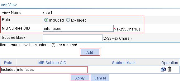 Figure 89 Creating an SNMP view (2) 3. Configure an SNMP group: a. Click the Group tab. b. Click Add. The page in Figure 90 appears. c.