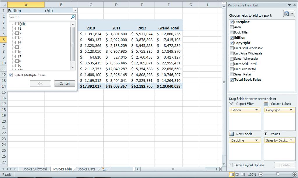 Sort, Filter, and Slice a PivotTable Report Filter: to select one or more Editions to display.