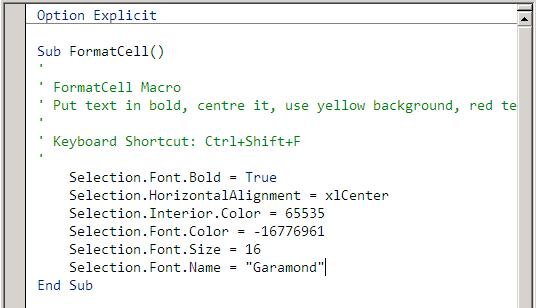 Inspecting the Code in the VBA Editor At left is part of the VBA code from the Macro Recorder. Bits that actually matter are boxed in blue.