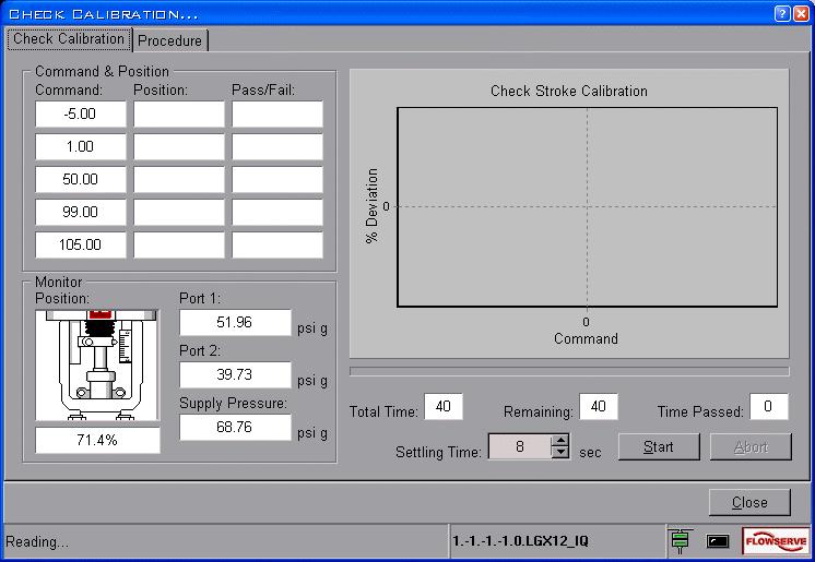Click on Check Calibration to display the Check Calibration window. The check calibration procedure verifies the completed calibration performed to the attached device.