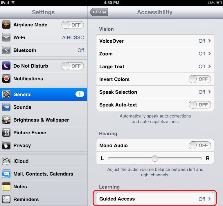 Tap [Off]; it will change to [On] (enabled). 4. Set the passcode for Guided Access.