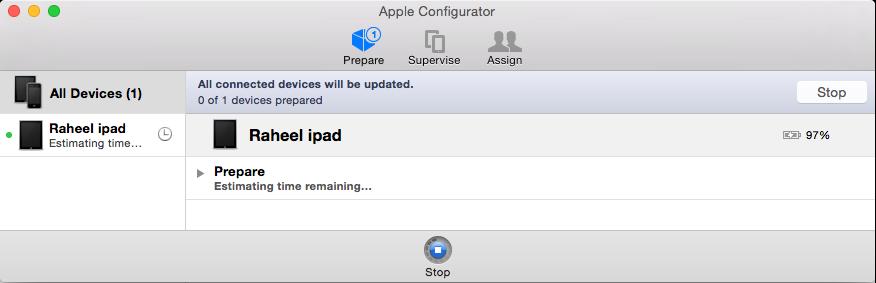16. Click Apply in the confirmation message. Preparation starts and may take several minutes, after which the ipad restarts. The Apple Configurator displays progress messages during the prepare.