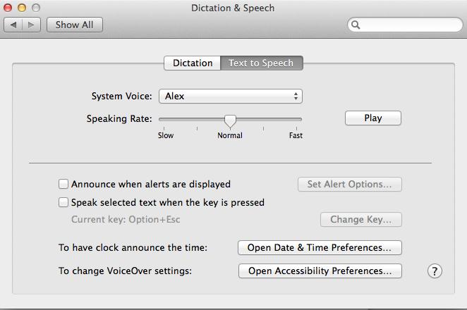 3. In the Text to Speech section, configure your default text-to-speech preferences. System Voice: If multiple voice packs are available, select the default voice.