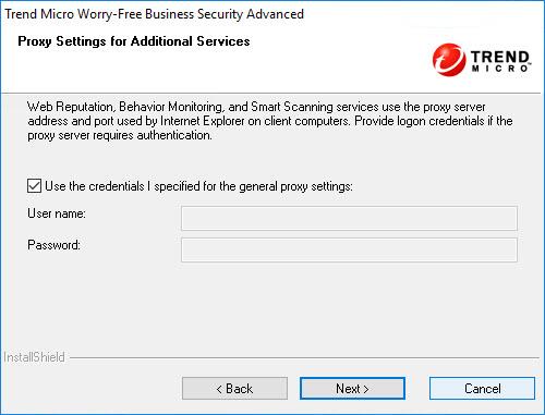 Installing the Security Server Proxy Settings for Additional Services The Smart Scan, Web Reputation, and Behavior Monitoring services use the proxy server address and port used by Internet Explorer