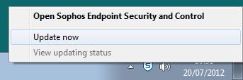 Right click on the Sophos icon in the task bar and a small pop-up box will appear, click on