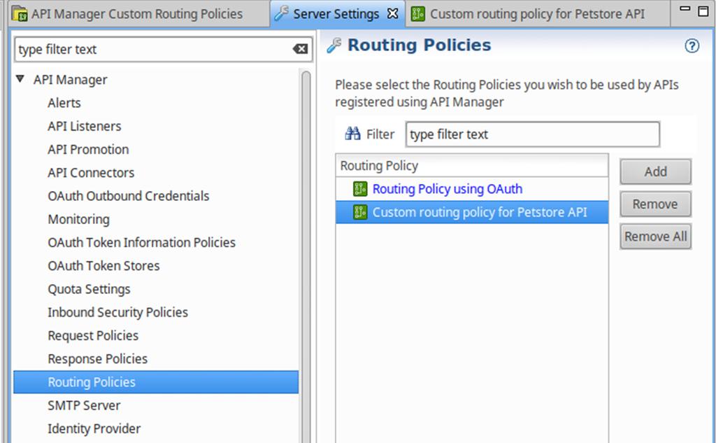 4 API deployment Configure the custom routing policy using API key in API Manager When the custom routing policy has been added to the list of available routing policies in Policy Studio, perform the